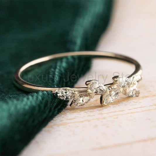 White Gold Wedding Band for Her with Diamond Leaf Accents
