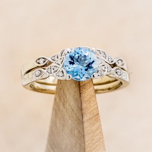 "Aife" - Celtic Knot Style Aquamarine Engagement Ring With Diamond Tracer