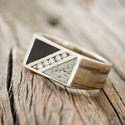"Alden" - Black Onyx, Antler & Diamond Wedding Band - 14K White Gold (8mm) - Size 11 - image 2