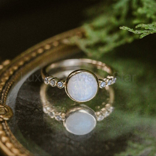 "Alouette" - Round Cabochon Cut Opal Engagement Ring With Diamond Accents - 14K White Gold - Size 6