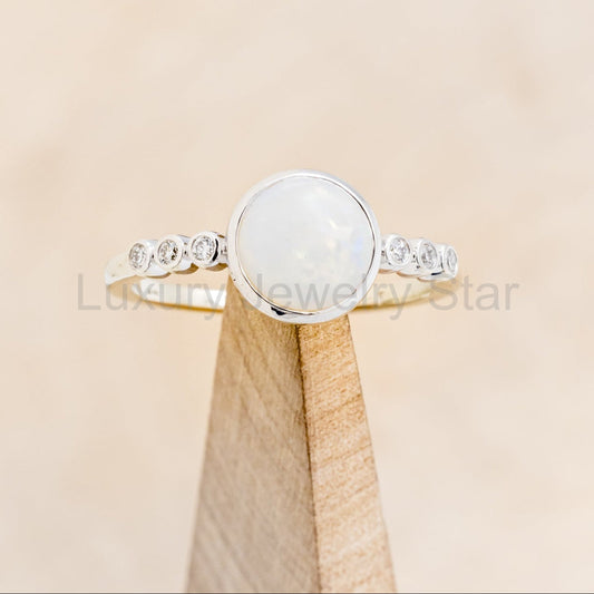 "Alouette" - Round Cabochon Cut Opal Engagement Ring With Diamond Accents - 14K White Gold - image 2