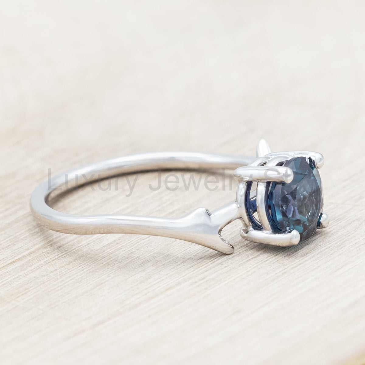 "Artemis" - Round Cut Lab-Grown Alexandrite Engagement Ring With An Antler-Style Band - image 7