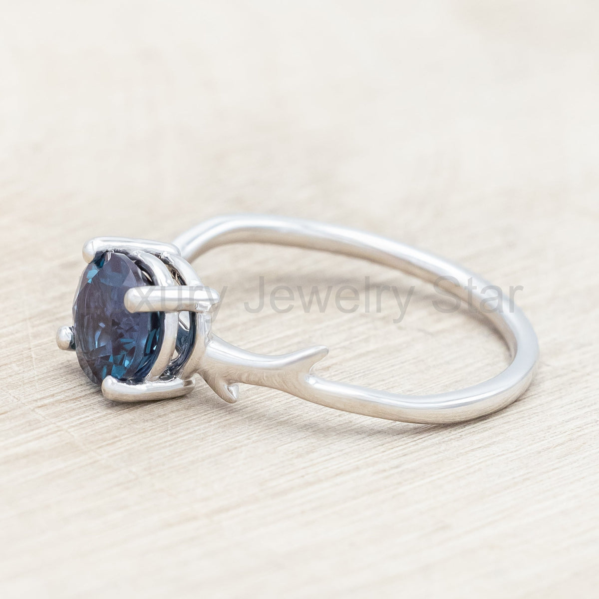 "Artemis" - Round Cut Lab-Grown Alexandrite Engagement Ring With An Antler-Style Band - image 8