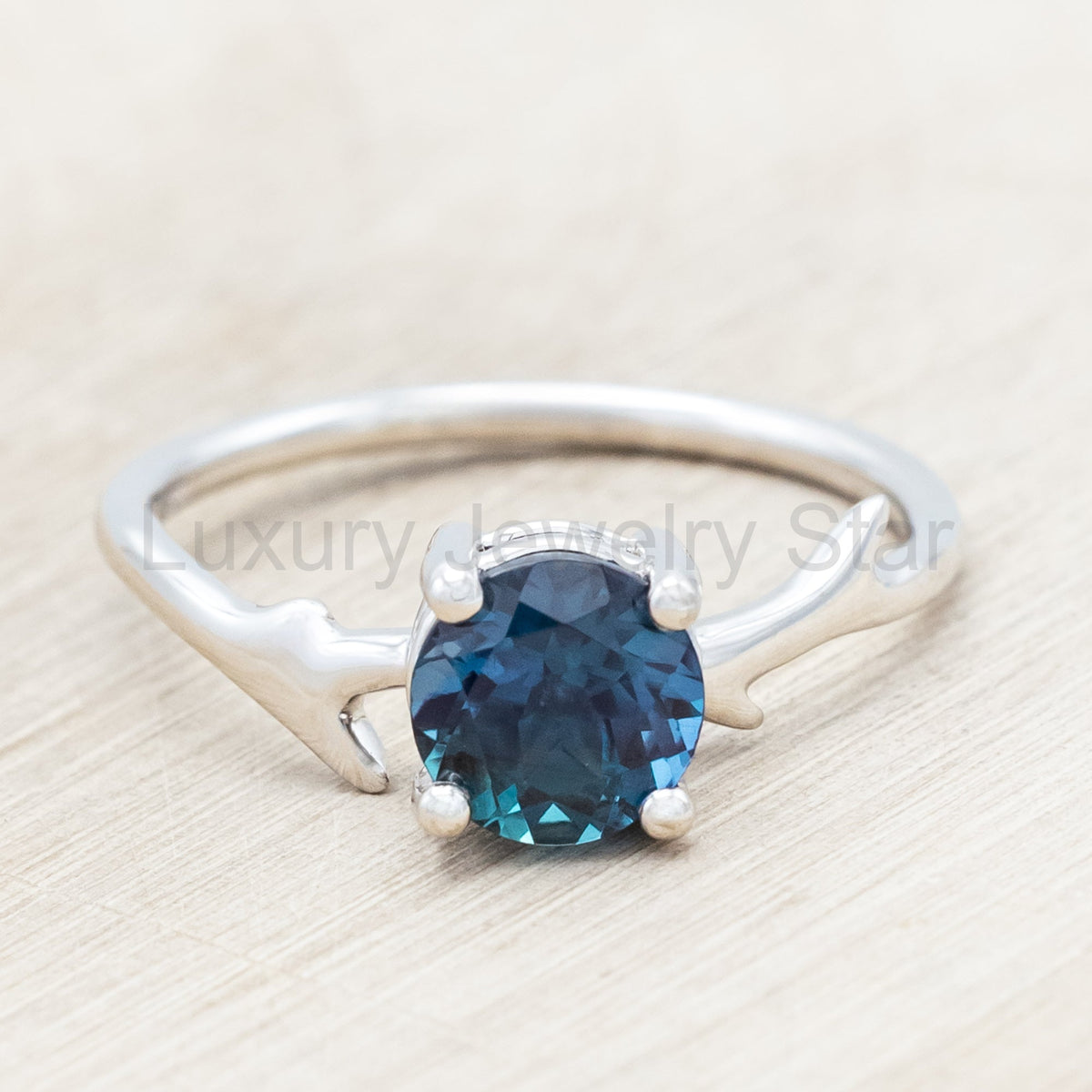 "Artemis" - Round Cut Lab-Grown Alexandrite Engagement Ring With An Antler-Style Band - image 9