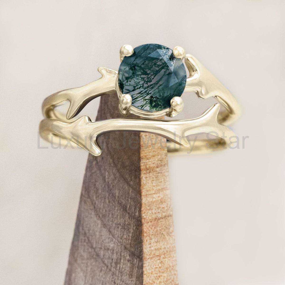 "Artemis" - Round Cut Moss Agate Engagement Ring With An Antler-Style Stacking Band
