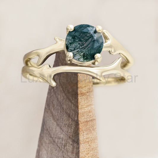 "Artemis" - Round Cut Moss Agate Engagement Ring With An Antler-Style Stacking Band