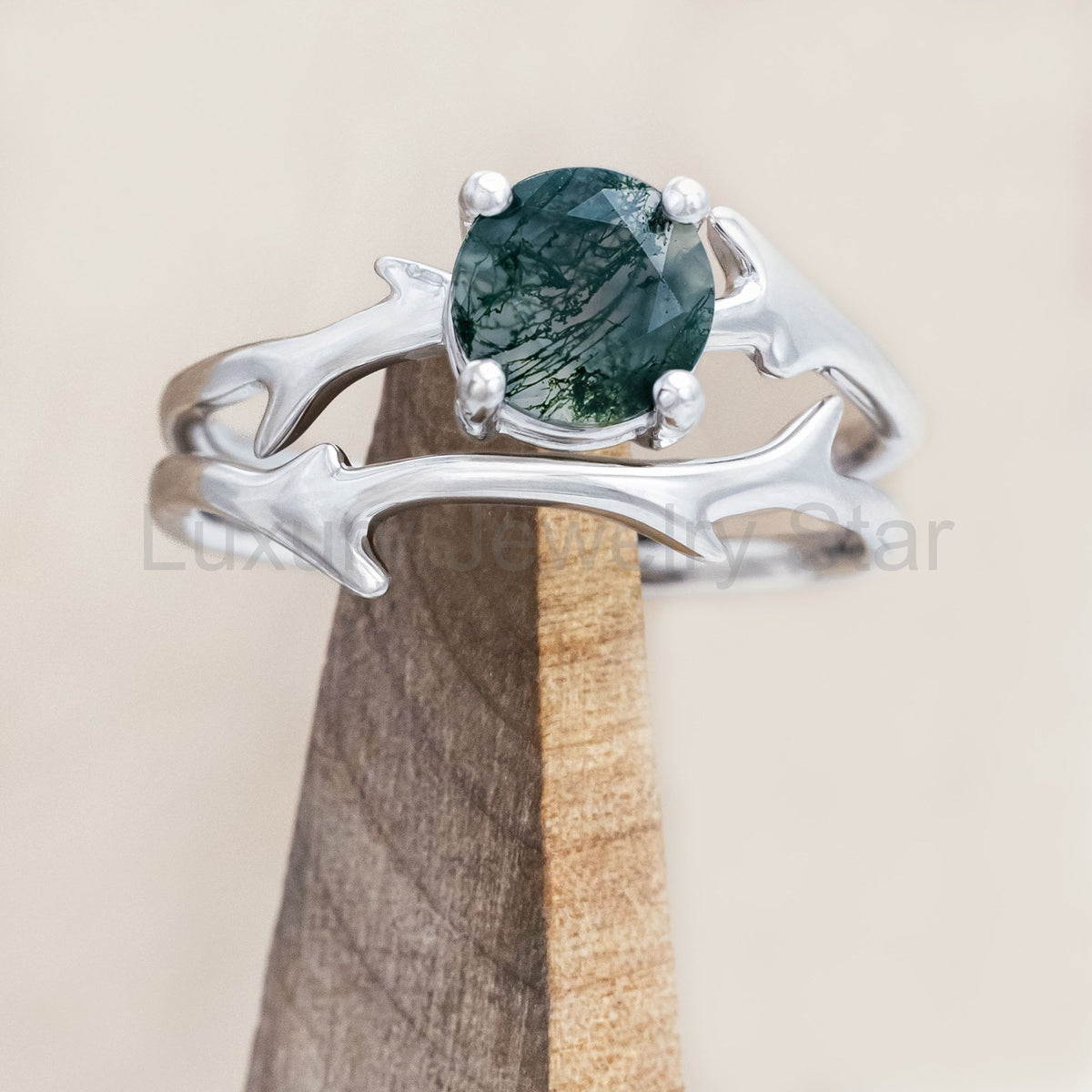 "Artemis" - Round Cut Moss Agate Engagement Ring With An Antler-Style Stacking Band - image 3