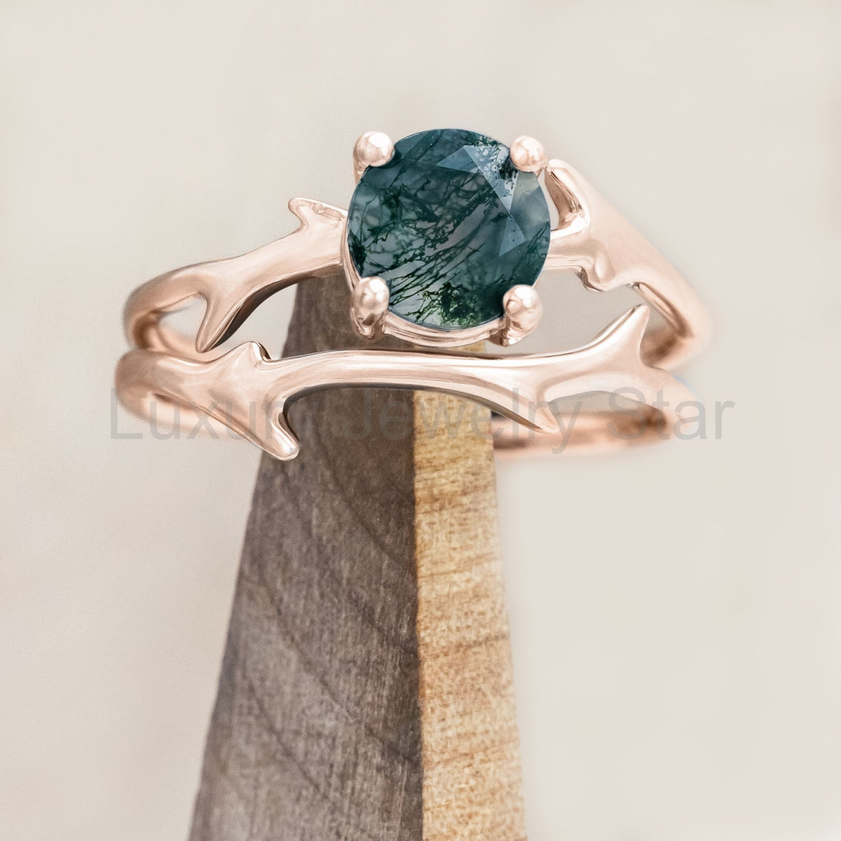 "Artemis" - Round Cut Moss Agate Engagement Ring With An Antler-Style Stacking Band - image 5
