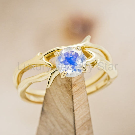 "Artemis" - Round Moonstone Engagement Ring With An Antler-Stacking Band
