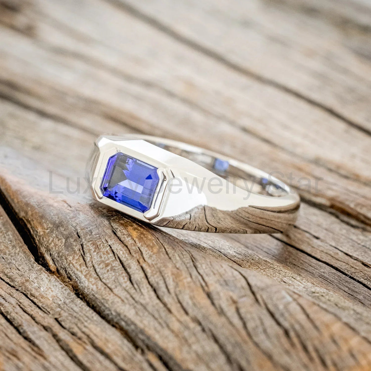 "Arthur" - Bezel Set Lab-Grown Sapphire Wedding Band - 14K White Gold - Size 10 3/4 - image 4