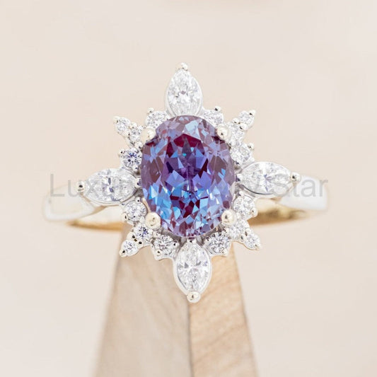 "Azalea" - Oval Cut Lab-Grown Alexandrite Engagement Ring With Diamond Halo