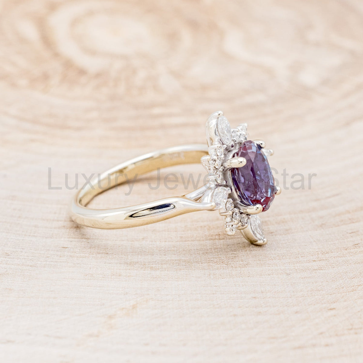"Azalea" - Oval Cut Lab-Grown Alexandrite Engagement Ring With Diamond Halo - image 2