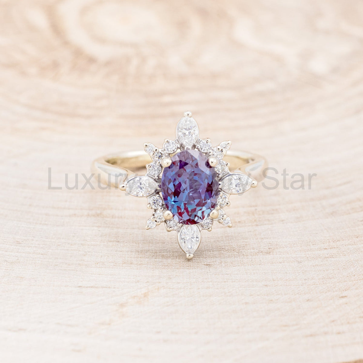 "Azalea" - Oval Cut Lab-Grown Alexandrite Engagement Ring With Diamond Halo - image 4