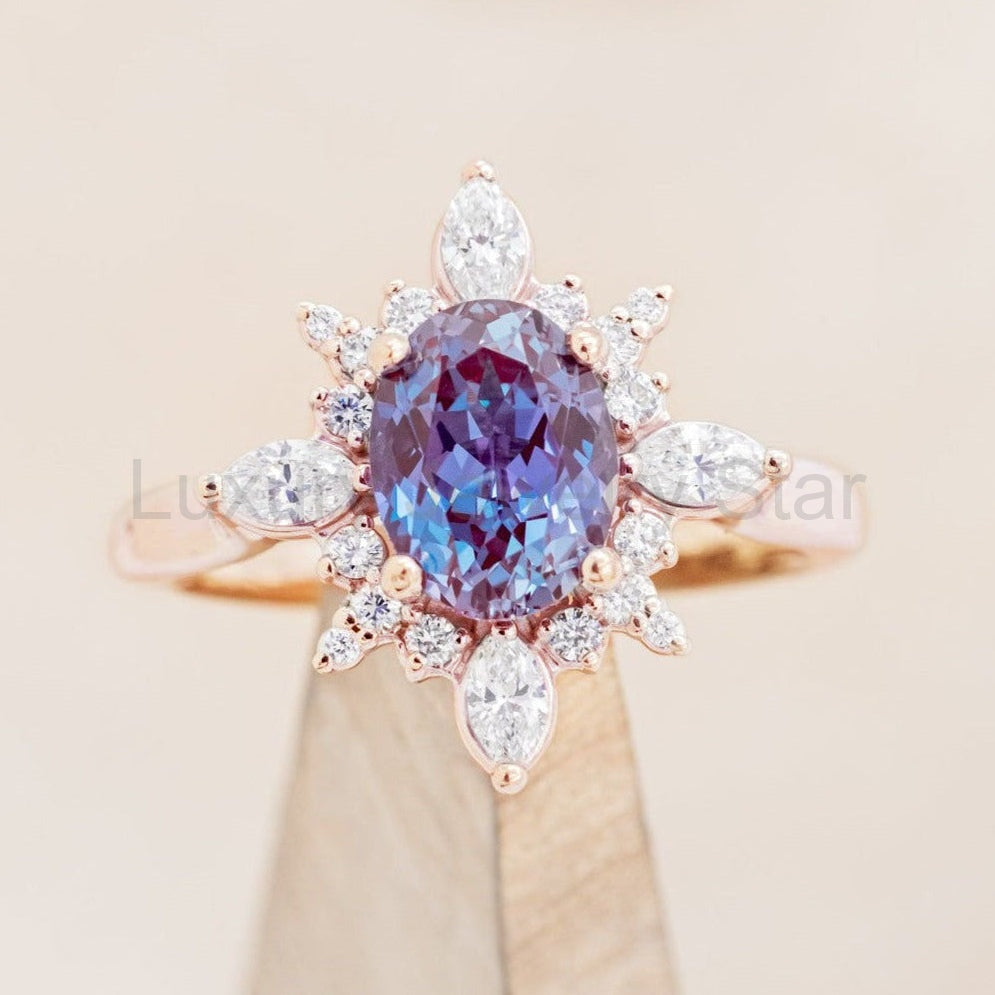 "Azalea" - Oval Cut Lab-Grown Alexandrite Engagement Ring With Diamond Halo - image 8