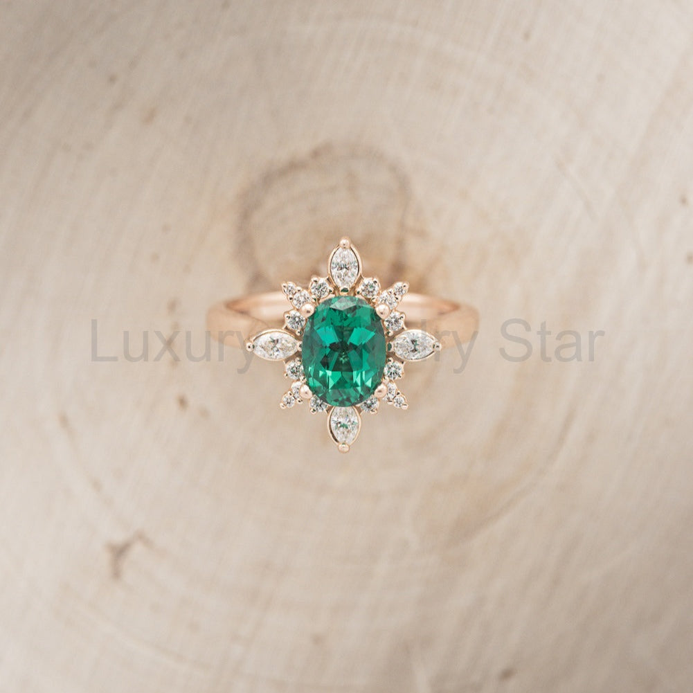 "Azalea" - Oval Lab-Grown Emerald Engagement Ring With Diamond Halo - image 4