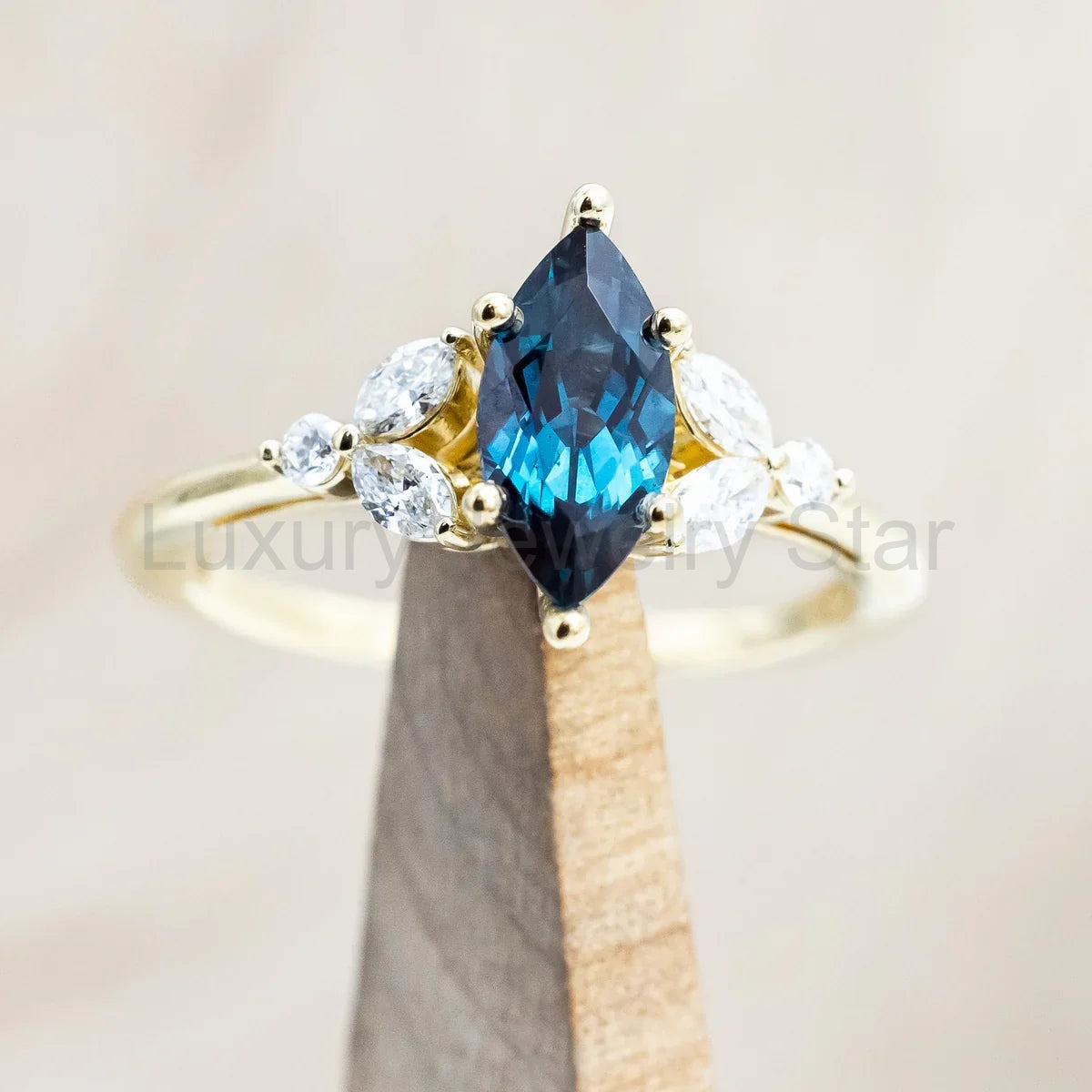 "Blossom" - Marquise Cut Lab-Grown Alexandrite Engagement Ring With Diamond Accents - 14K Yellow