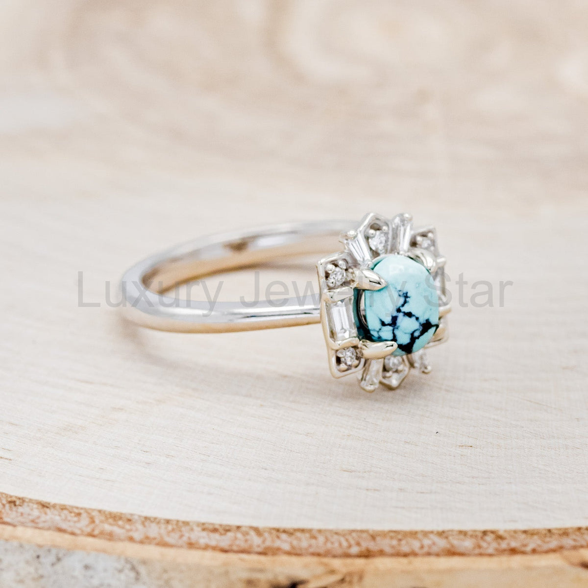 "Cleopatra" - Turquoise Engagement Ring With Diamond Accents & "Sama" Tracers - image 4