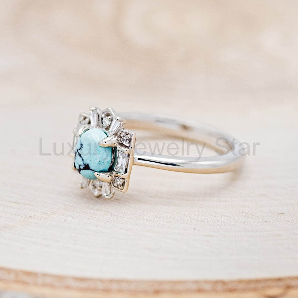 "Cleopatra" - Turquoise Engagement Ring With Diamond Accents & "Sama" Tracers - image 5