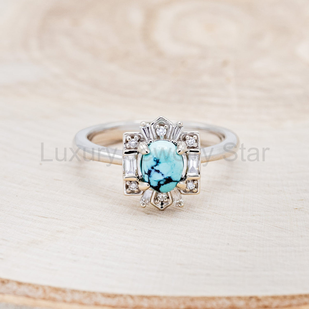"Cleopatra" - Turquoise Engagement Ring With Diamond Accents & "Sama" Tracers - image 6