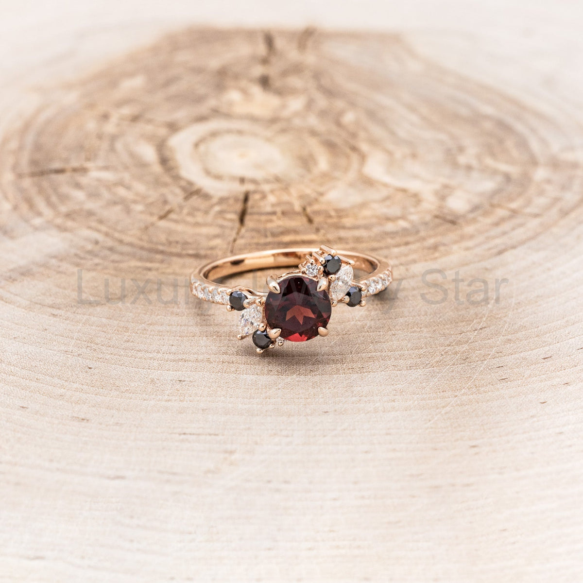 "Demeter" - Bridal Suite - Round Cut Garnet Engagement Ring With Black & White Diamond - image 18