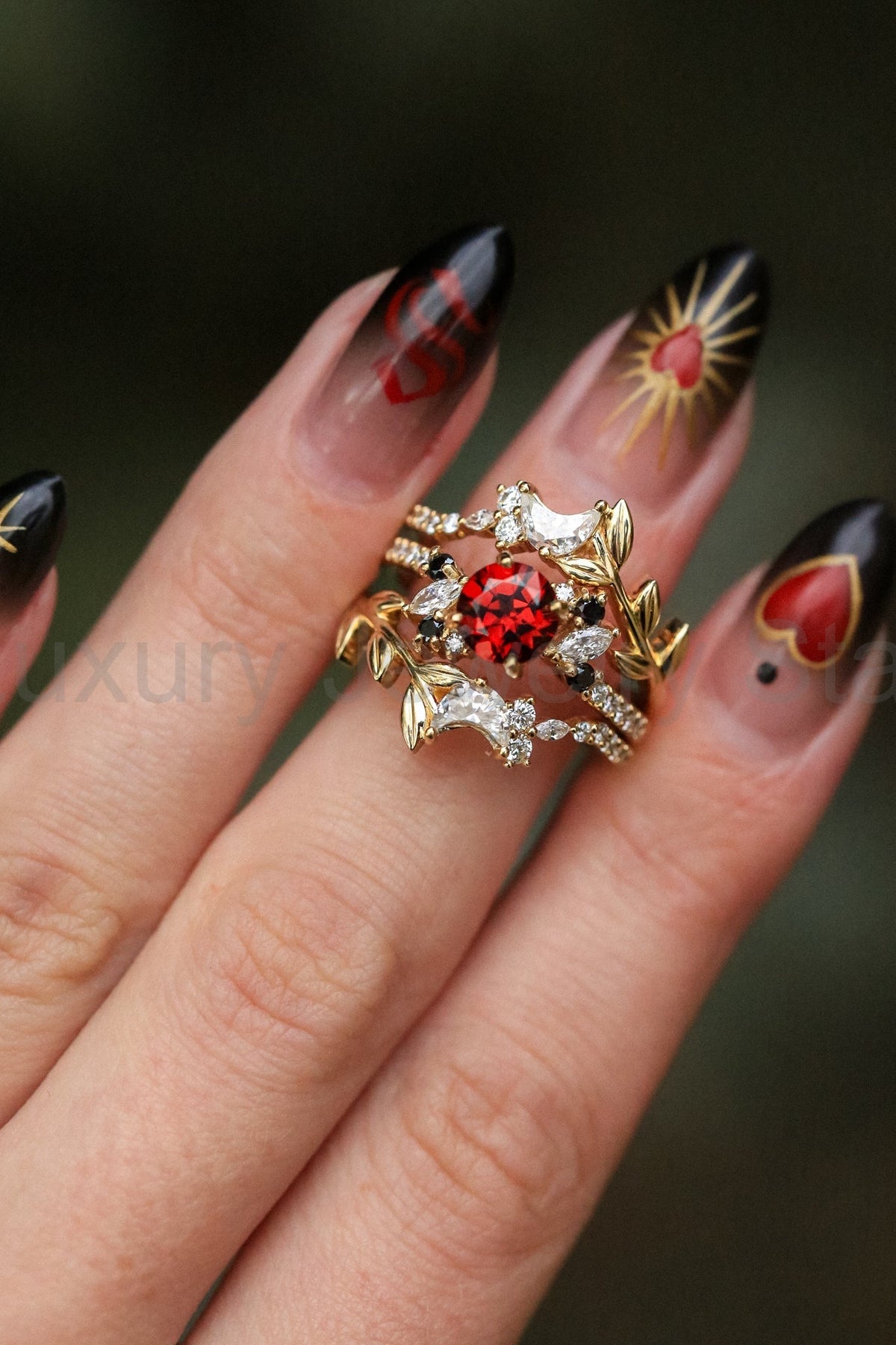 "Demeter" - Bridal Suite - Round Cut Garnet Engagement Ring With Black & White Diamond - image 20