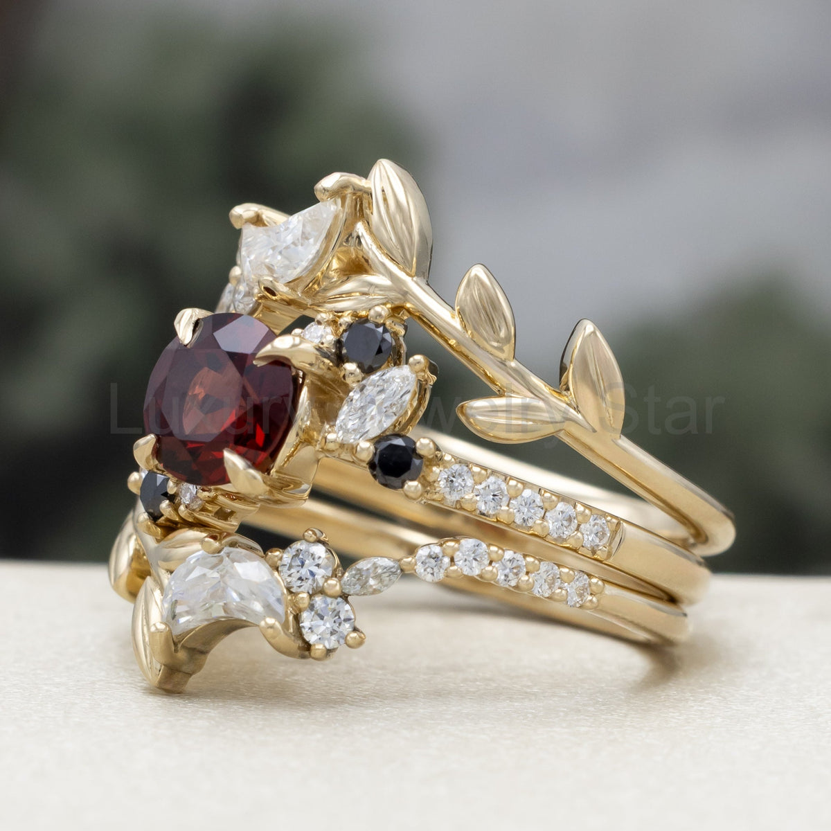 "Demeter" - Bridal Suite - Round Cut Garnet Engagement Ring With Black & White Diamond - image 6