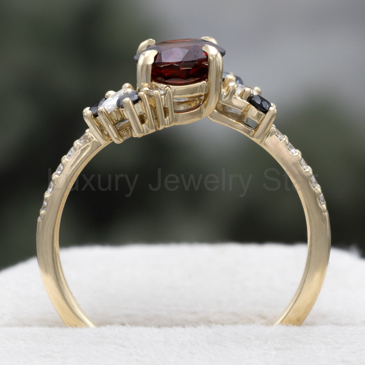 "Demeter" - Bridal Suite - Round Cut Garnet Engagement Ring With Black & White Diamond - image 9