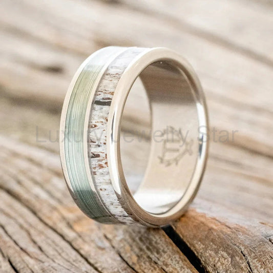 "Dyad" - Antler & Fishing Line Wedding Band - Titanium - Size 8 3/4