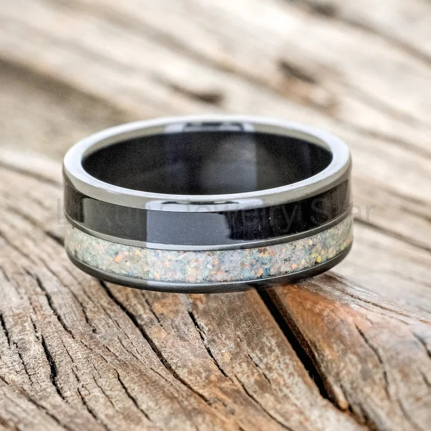 "Dyad" - Fire & Ice Opal and Jet Stone Wedding Band - Black Zirconium (8mm) - Size 8 1/2 - image 3