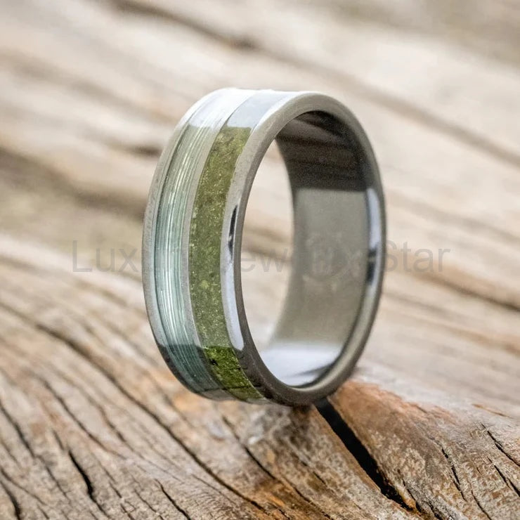 "Dyad" - Moss & Fishing Line Wedding Ring With Hammered Finish - Black Zirconium - Size 8 1/2