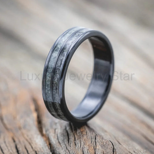 "Dyad" - Moss Agate & Moonstone Wedding Band - Black Zirconium (6mm) - Size 10 1/4