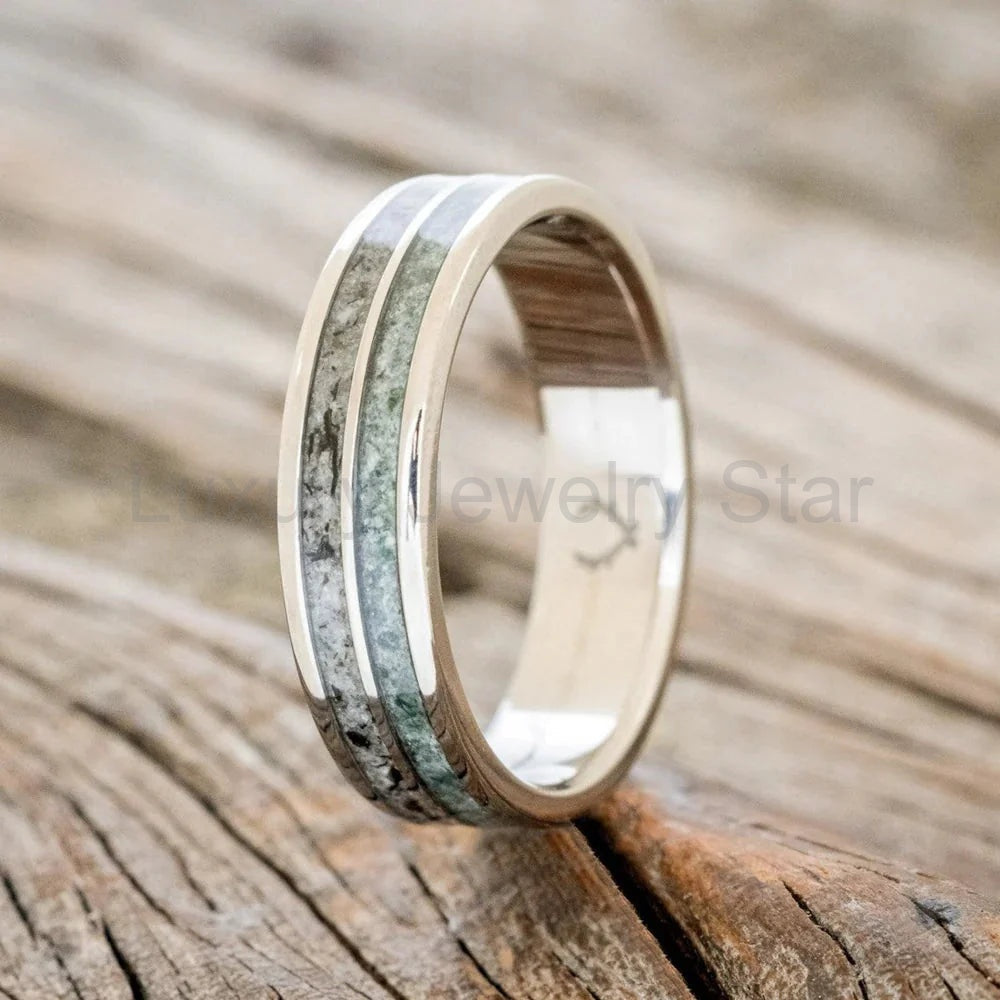 "Dyad" - Moss Agate & Moonstone Wedding Band - Titanium (6mm) - Size 8