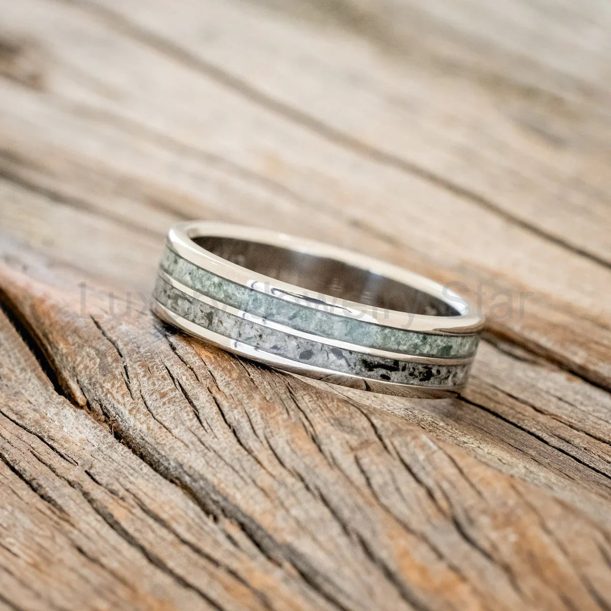 "Dyad" - Moss Agate & Moonstone Wedding Band - Titanium (6mm) - Size 8 - image 2
