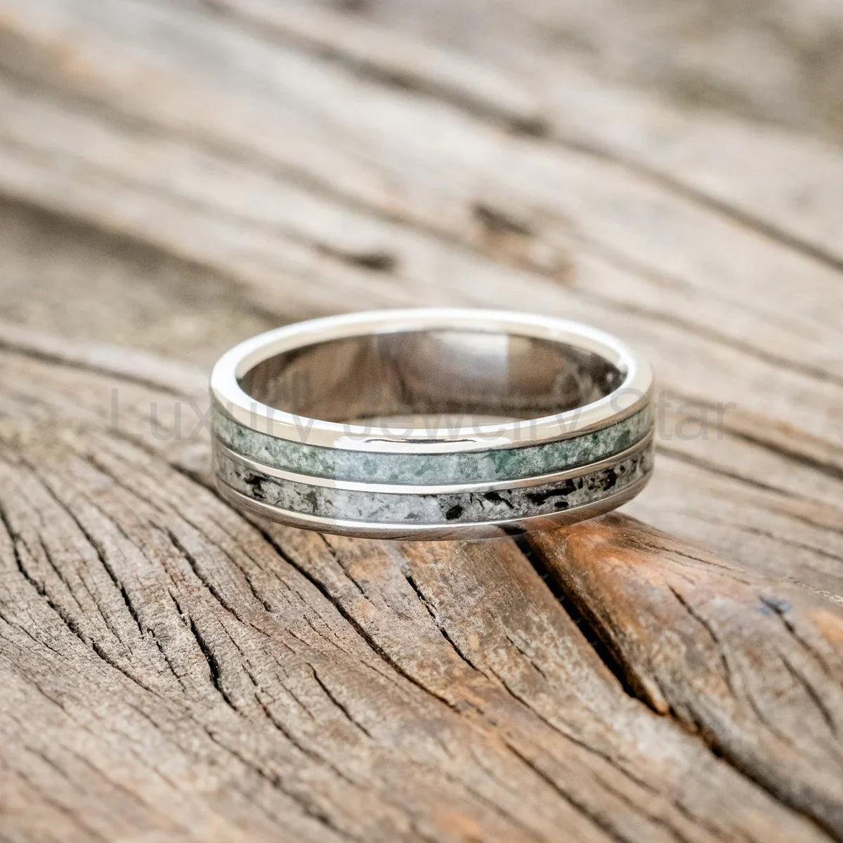 "Dyad" - Moss Agate & Moonstone Wedding Band - Titanium (6mm) - Size 9 - image 3
