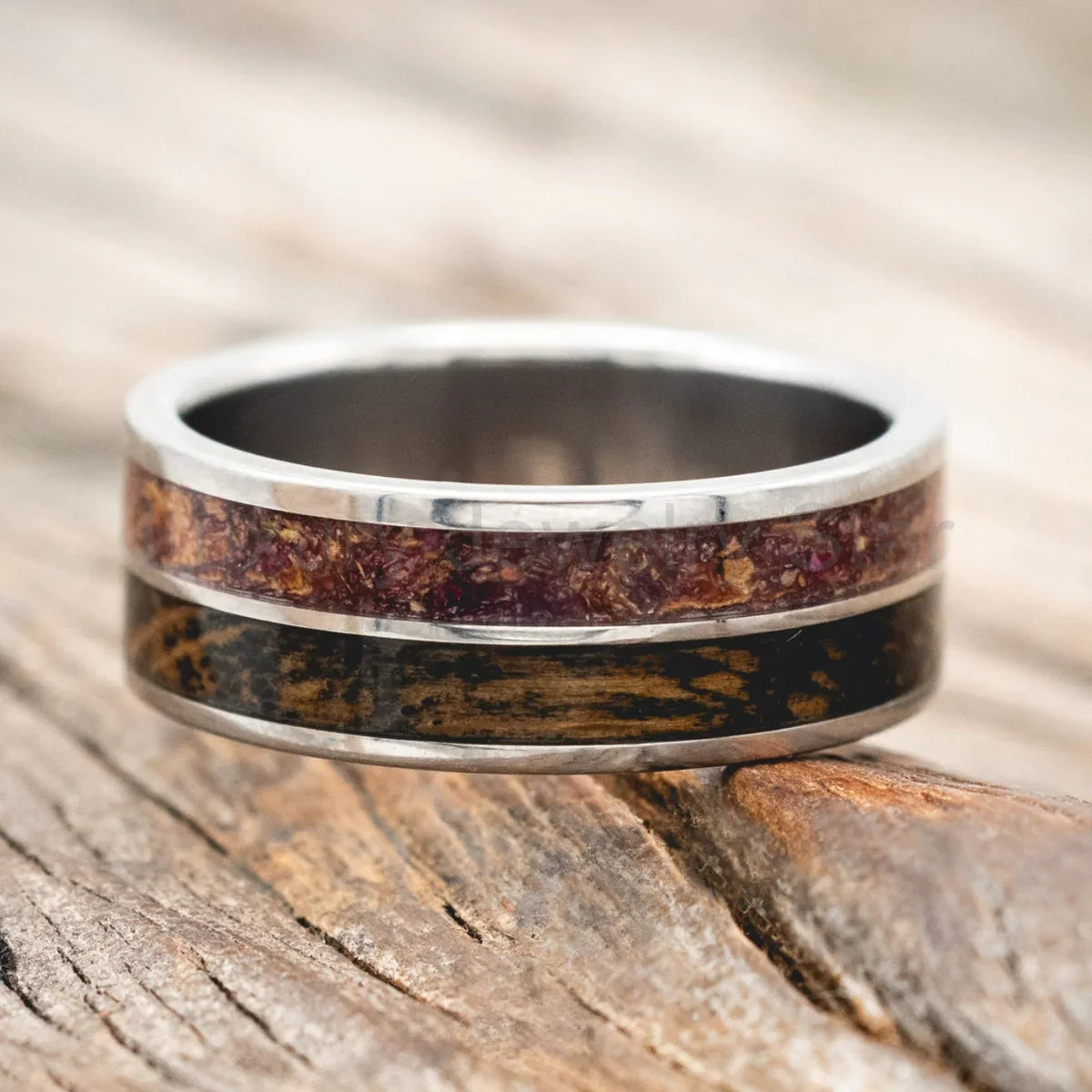 "Dyad" - Tattoo Ink, Rose Petals & Whiskey Barrel Oak Wedding Band - Titanium (8mm) - Size - image 2