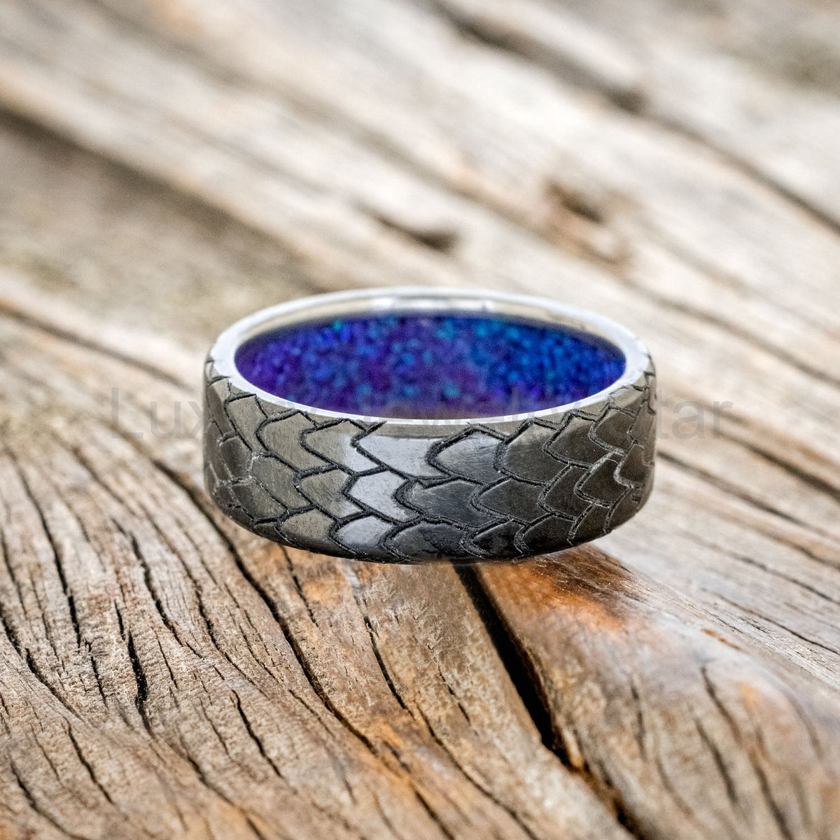 "Echo" - Dragon Scale Engraved Wedding Band With Sleepy Lavendar Opal Lining - Black - image 5