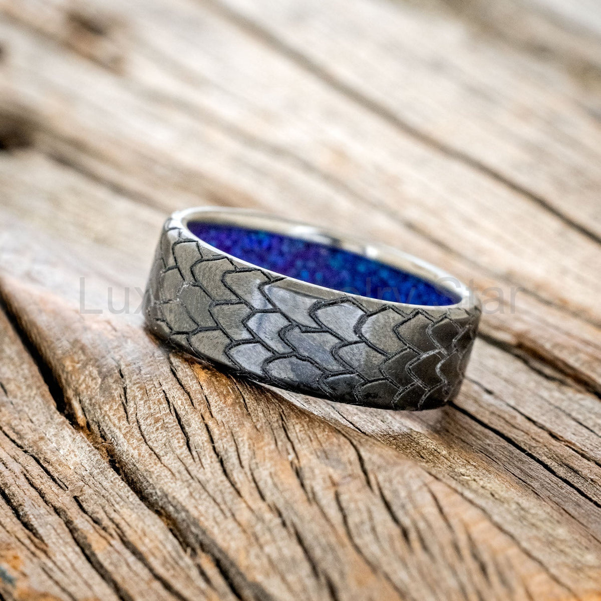 "Echo" - Dragon Scale Engraved Wedding Band With Sleepy Lavendar Opal Lining - Black - image 6