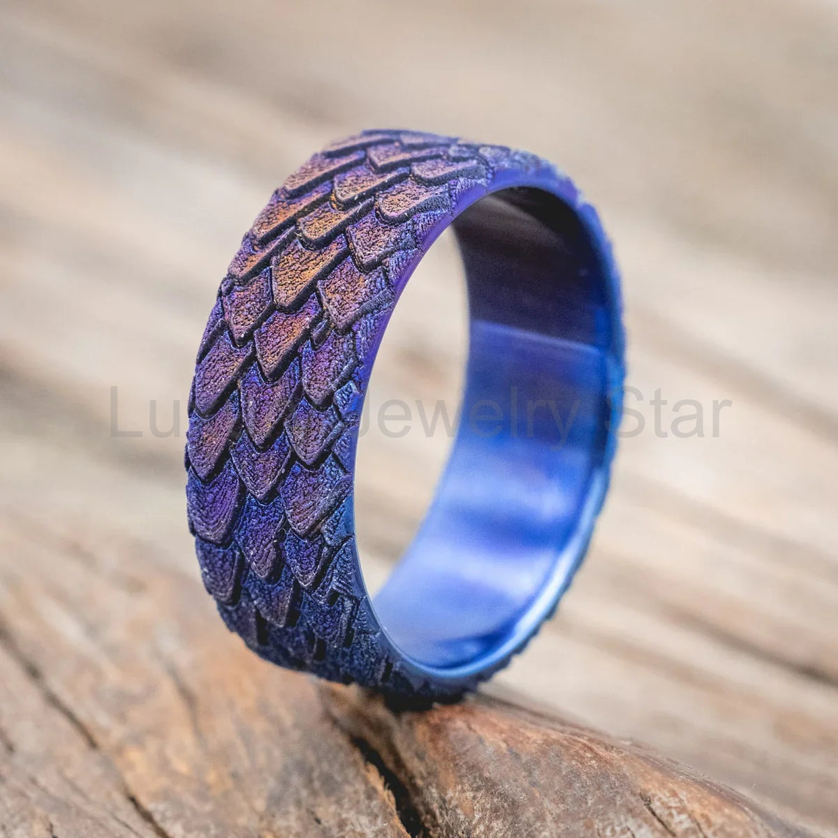 "Echo" - Fire-Treated Titanium Embossed 3D Dragon Scale Wedding Band - Titanium (8mm) - Size 10