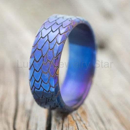 "Echo" - Fire-Treated Titanium Embossed Dragon Scale Wedding Band - Titanium (8mm) - Size 10 1/2