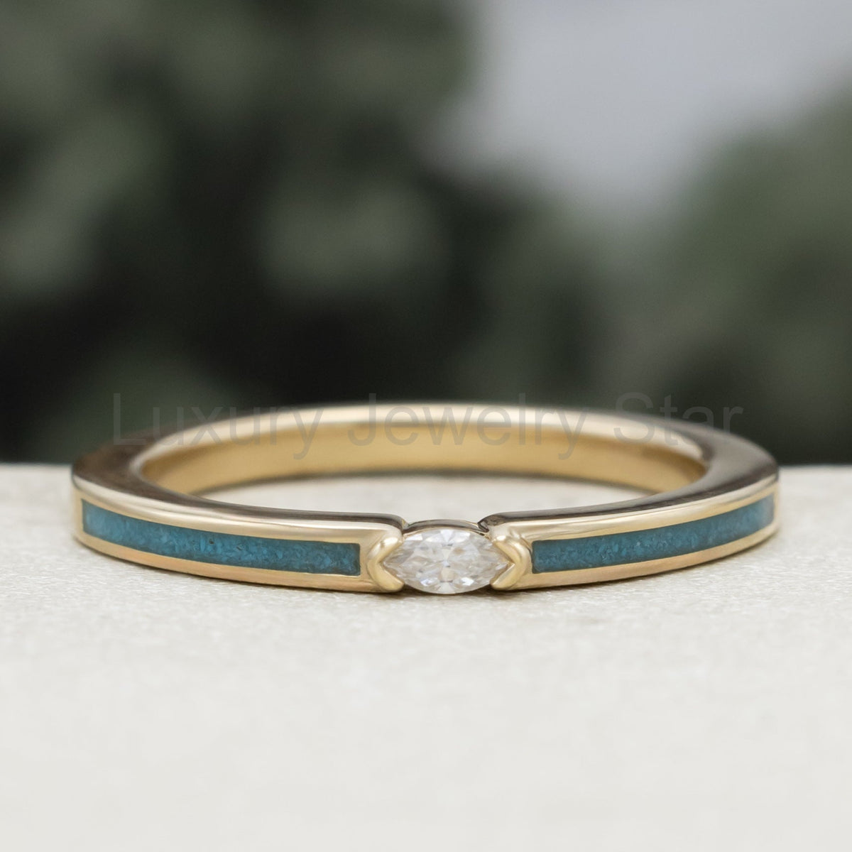 "Elba" - Marquise Cut Moissanite Engagement Ring With Turquoise Inlays - 14K Yellow Gold - image 3