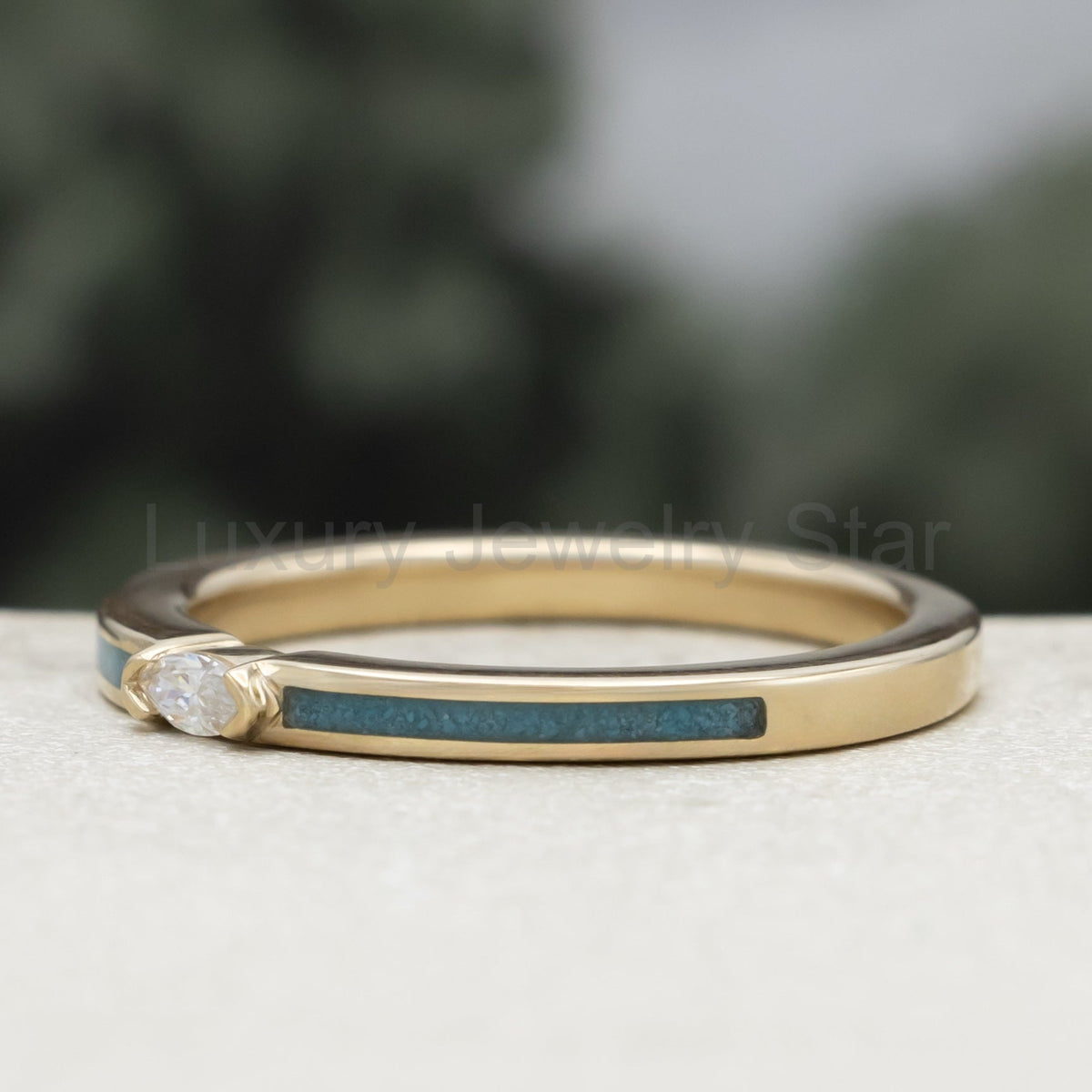 "Elba" - Marquise Cut Moissanite Engagement Ring With Turquoise Inlays - 14K Yellow Gold - image 4