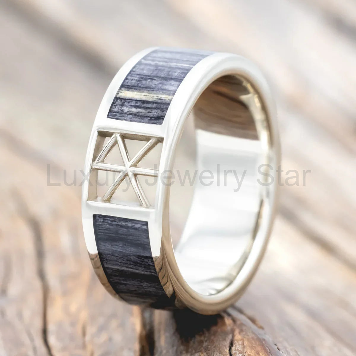 "Erik" - Grey Birch Wood Wedding Band With Love Bind Rune Cutout - 14K White Gold (8mm) - Size 8 3/4