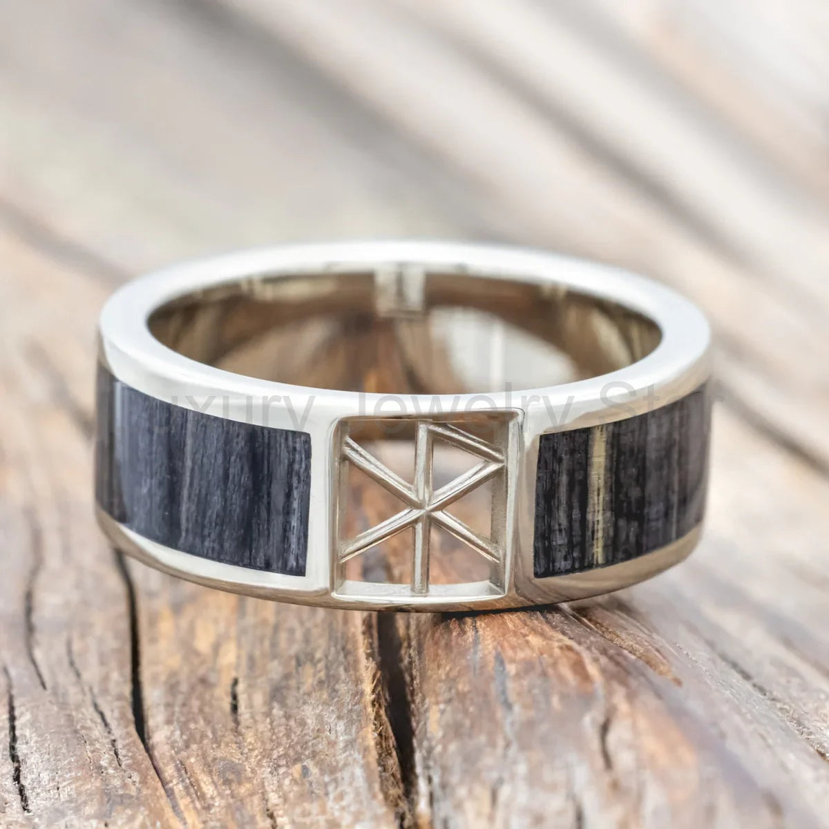 "Erik" - Grey Birch Wood Wedding Band With Love Bind Rune Cutout - 14K White Gold (8mm) - image 3