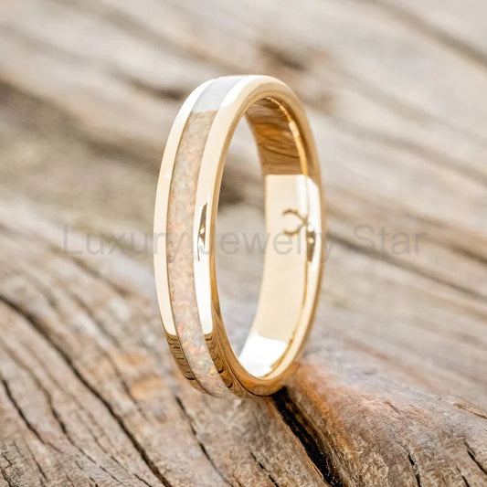 "Eterna" - Fire & Ice Opal Stacking Band - 14K Yellow Gold (4mm) - Size 4 1/2