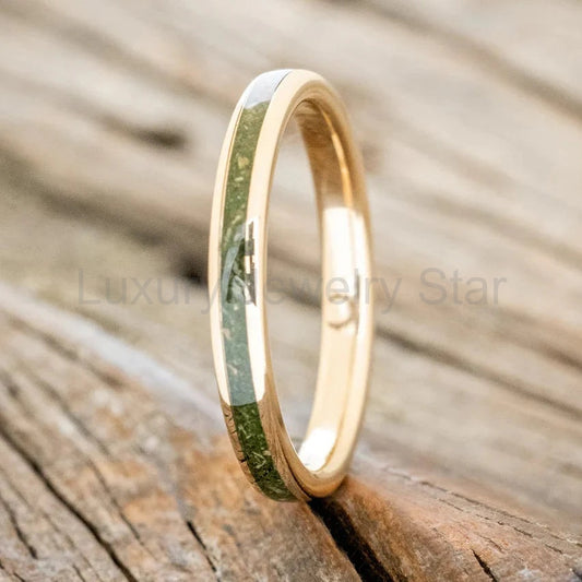 "Eterna" - Moss Inlay Stacking Band - 14K Yellow Gold (4mm) - Size 6