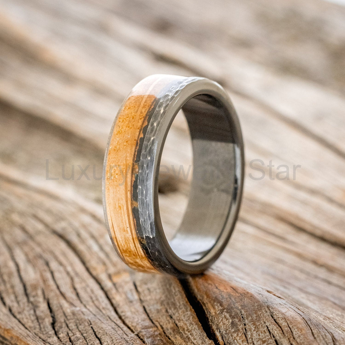 "Ezra" - Whiskey Barrel & Patina Copper Wedding Ring With A Hammered Finish - Black Zirconium (6mm)