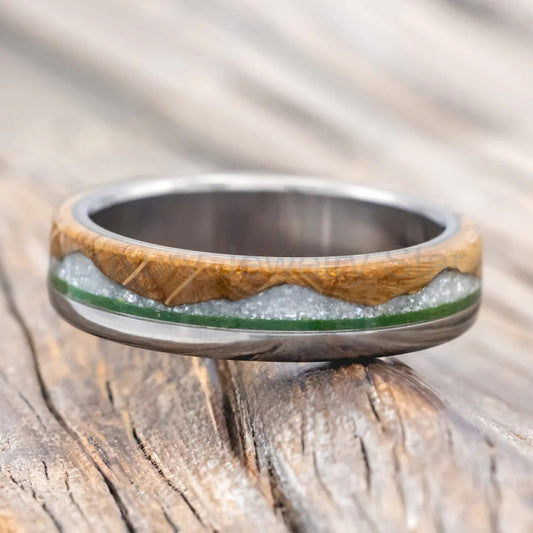 "Ezra" - Whiskey Barrel Oak With Diamond Dust & Moss Inlay Wedding Ring - Titanium (6mm) - image 2