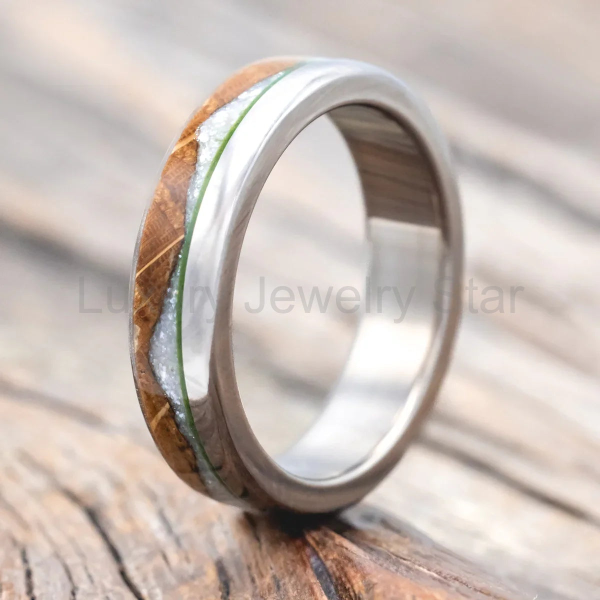 "Ezra" - Whiskey Barrel Oak With Diamond Dust & Moss Inlay Wedding Ring - Titanium (6mm) - image 3