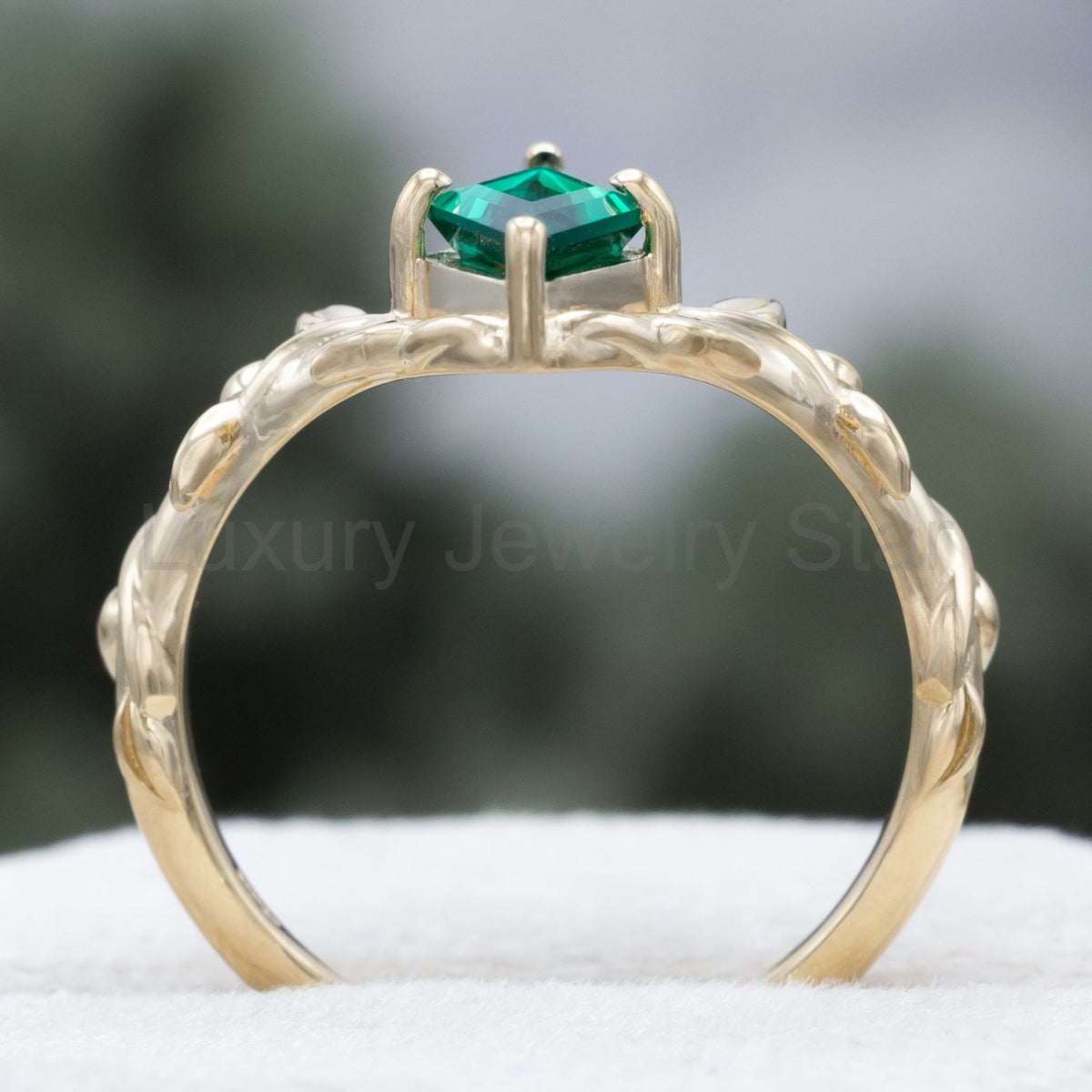 "Fae" - Solitaire Lozenge Cut Lab-Grown Emerald Engagement Ring On A Branch-Style Band - image 6