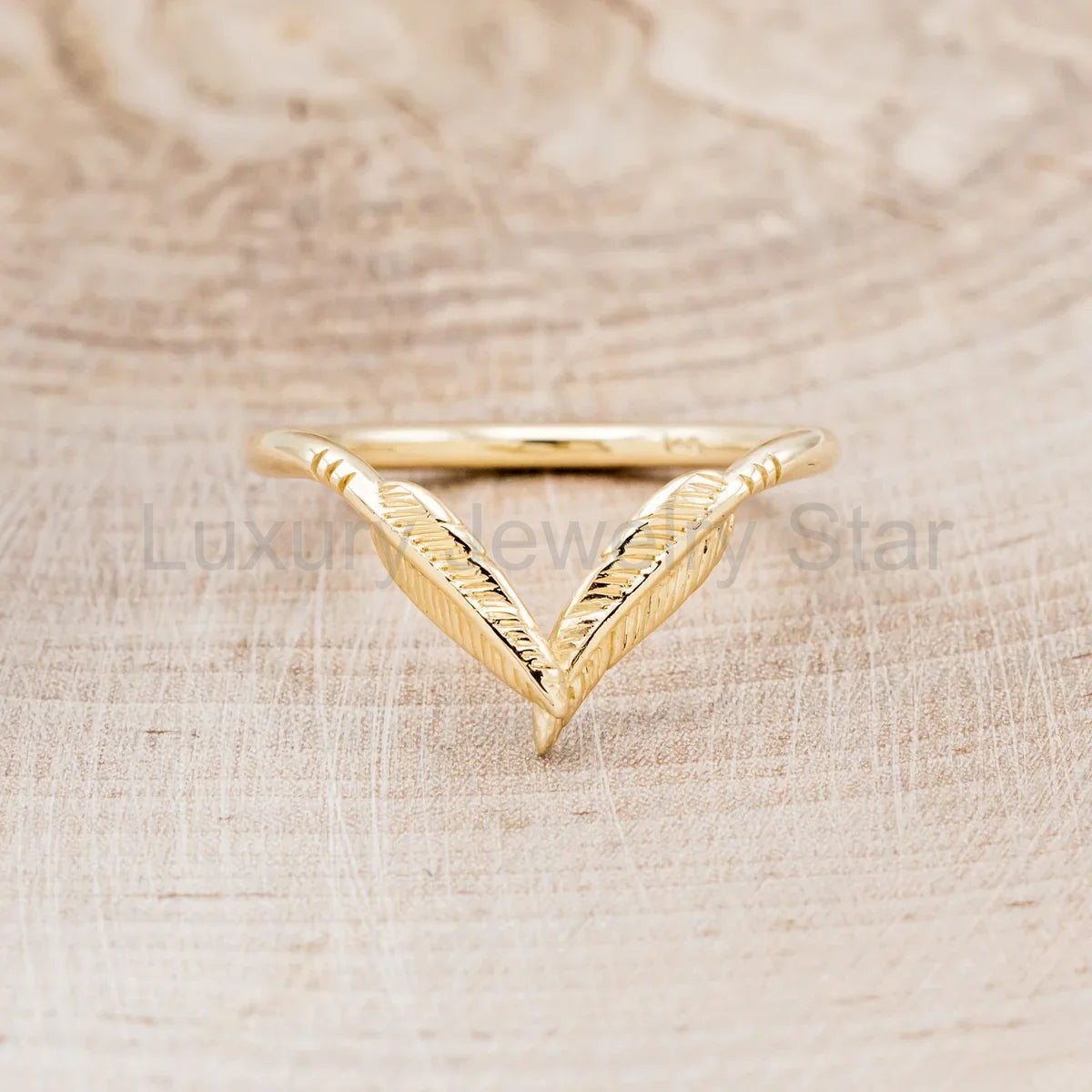 "Fala" - Feather Accented Tracer Wedding Band - 14K Yellow Gold - Size 7 - image 3